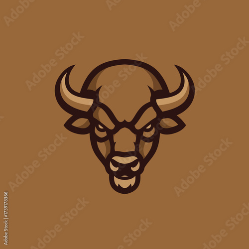 Powerful brown bull head mascot logo, prominent horns, intense determined expression, vector illustration.