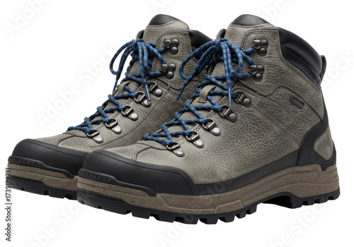 Isolated Pair of Green Leather Hiking Boots with Blue Laces Ready for Outdoor Adventure