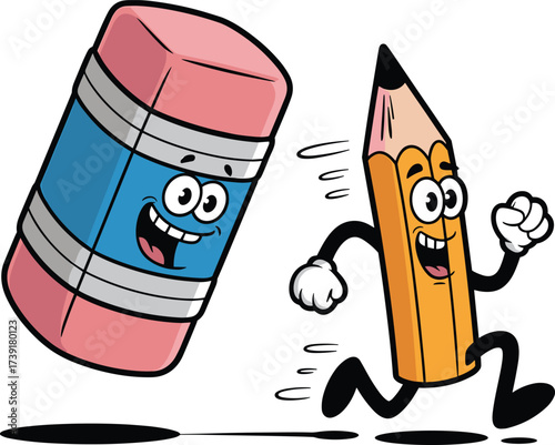 Happy Cartoon Pencil Character Running Away from a Bouncing Eraser