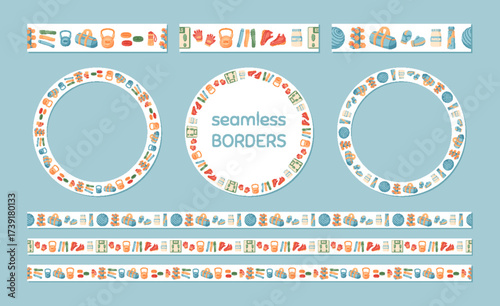 Colorful seamless sport border with gym equipment, fitness tools, and health accessories pattern. Seamless border with vibrant elements ideal for fitness themes. Framed design in colorful style for
