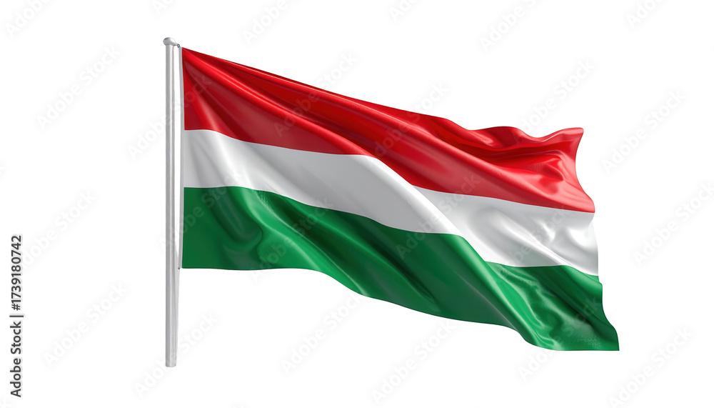 Fototapeta premium The fluttering fabric displays a vivid tricolor scheme of red, white, and green, gracefully waving in the breeze against a black background, presenting a dynamic visual effect.