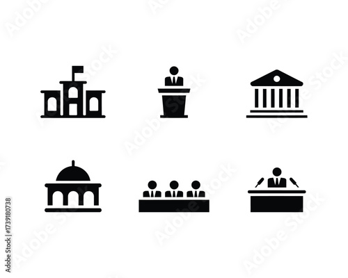 Set of six minimalist black and white vector icons representing government and civic buildings and events silhouette vector illustration white background