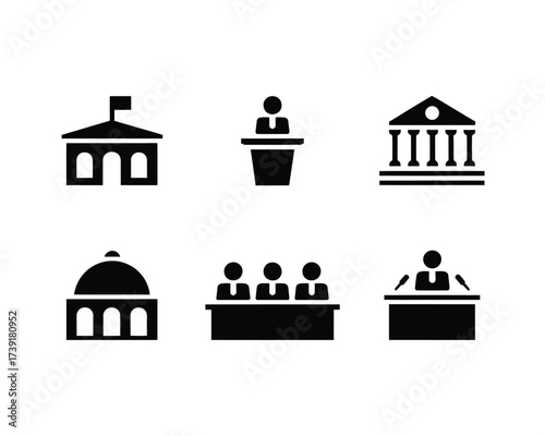 Vector set of six black and white minimalist government and court icons scalable eps format silhouette vector illustration white background