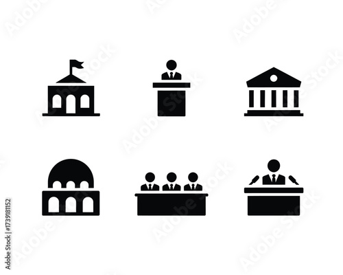 Set of six black and white minimalist icons representing government buildings and civic institutions silhouette vector illustration white background