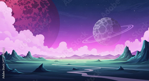 A surreal alien vista features ringed planets, towering peaks, and ethereal clouds under a vibrant sky, creating a dreamlike and otherworldly scene