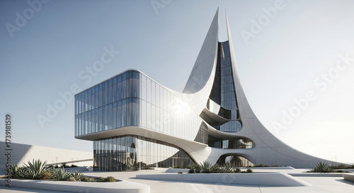 Futuristic architectural design of a modern building with unique curves and glass facade, showcasing innovative construction and contemporary style