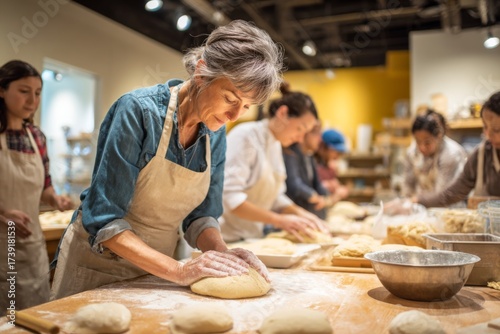 Wallpaper Mural Several individuals work together in a spacious kitchen, focused on kneading dough for bread. Flour is scattered on the wooden tables as they learn baking techniques Torontodigital.ca