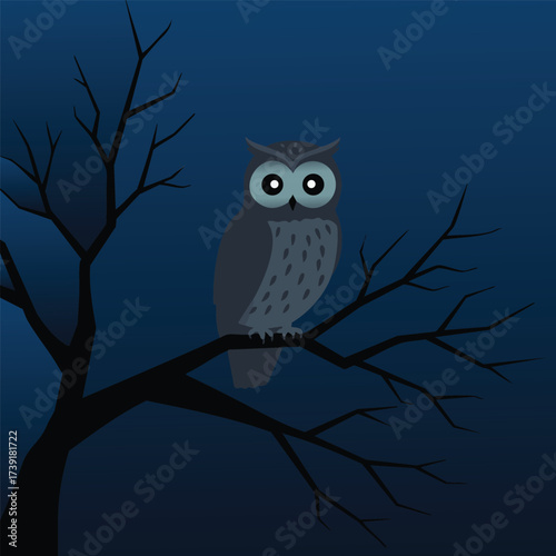 Cartoon Owl Sitting on Tree Branch at Night – Vector Illustration