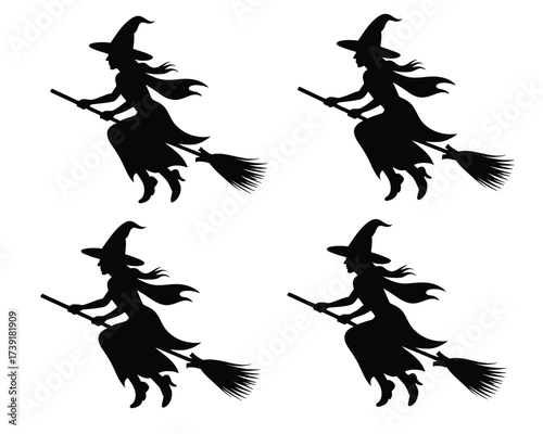 Four witch silhouette illustrations flying broomstick vector art scalable eps icon design element silhouette vector illustration white background