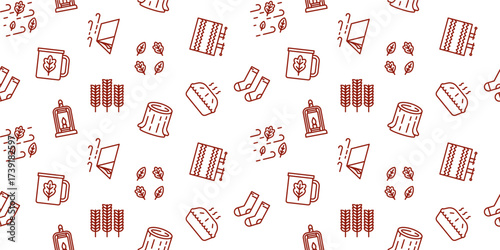 Cozy Autumn Day Seamless Pattern, Fall Hygge Background with Warm Drinks, Candles, Socks, Book, and Wood