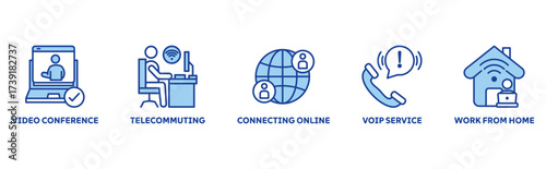 Remote Working icon set illustration illustration concept with icon of video conference, telecommuting, connecting online, voip service, work from home 