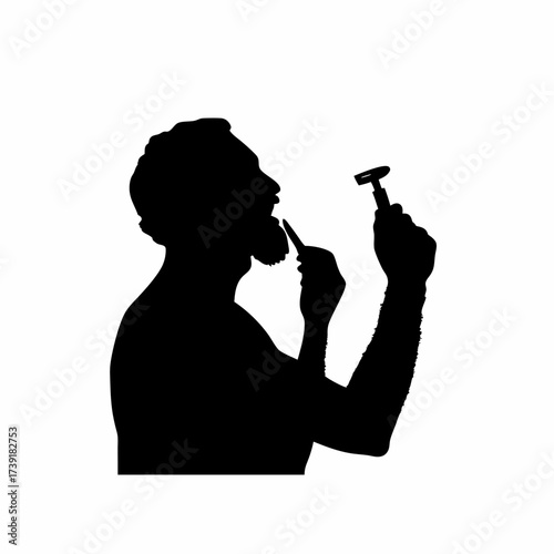 Silhouette of a man shaving face with razor isolated on white background