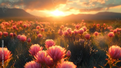Vibrant Desert Blooms at Sunset - A Field of Pink Cacti Under a Golden Sky.