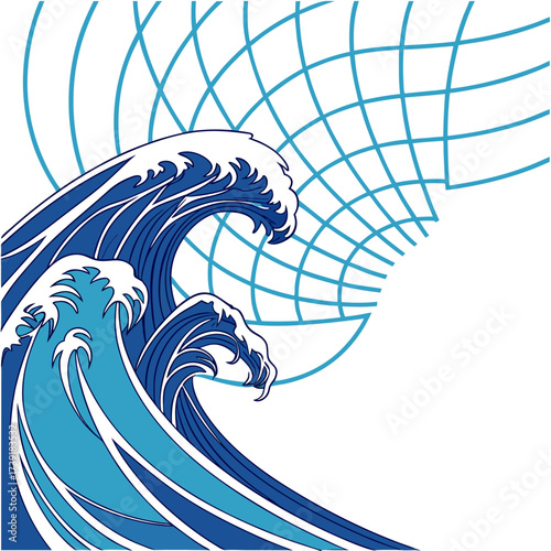Illustration of stylized waves with white caps and a blue grid pattern in the background space area