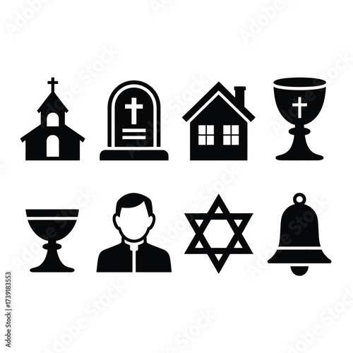 Set of eight black and white religious icons scalable vector graphics for eps format silhouette vector illustration white background