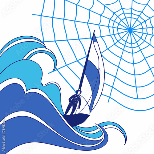 Illustration of a windsurfer sailing on blue waves with a celestial figure and a web in the background