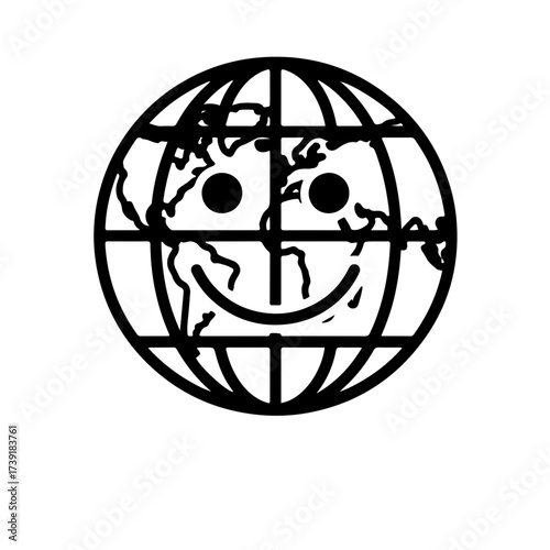 A cheerful and engaging line-art icon featuring a simple globe or world map with a clear smiling face integrated into its design. for themes of peace, community, positivity