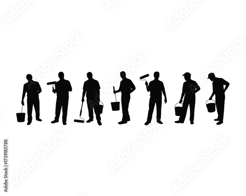 Vector silhouette illustrations of seven construction workers with tools ready for work scalable eps icon silhouette vector illustration white background
