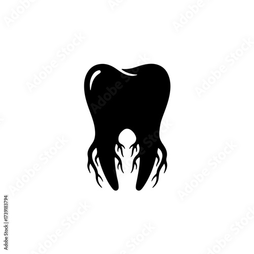 A powerful, solid line-art icon of a complete tooth displayed with its strong, deep roots clearly visible. This black and white vector symbol conveys concepts of solidity, foundation, longevity