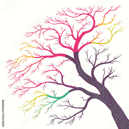 Colorful tree with bare branches against a white background in an artistic illustration style image
