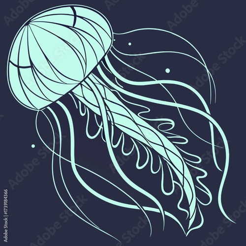 A stylized illustration of a jellyfish with long flowing tentacles on a dark background design element