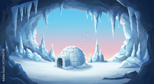 Illustration of an igloo inside an ice cave with blue and white colors and snow