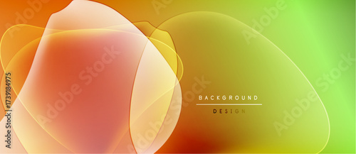 Abstract fluid shapes blend orange, yellow, green hues. Modern design evokes energy, warmth, soft gradients. Background features text elements.