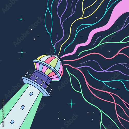 A colorful lighthouse with a beam of light and colorful waves in a dark starry night sky scene