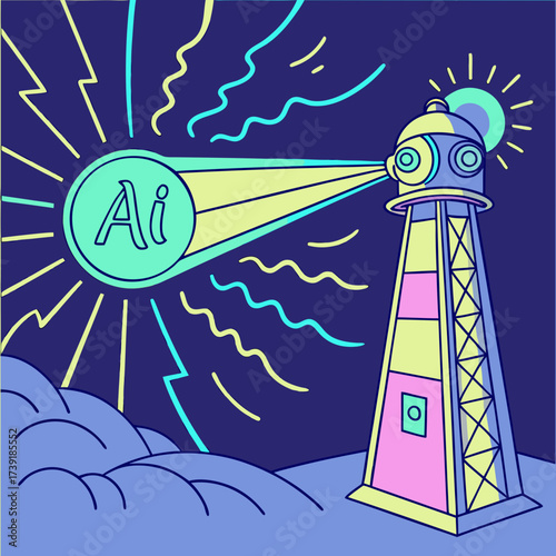 Illustration of a lighthouse emitting a beam of light with the letters ai in a circle on a dark background