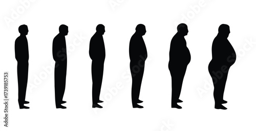 Scalable vector illustration depicting human body mass index progression silhouette eps file silhouette vector illustration white background