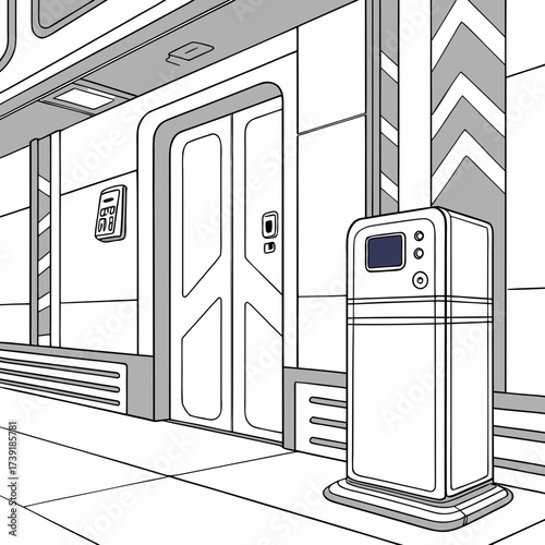 Interior of a futuristic hallway with a door, a device, and geometric designs on the walls