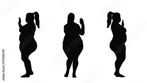 Scalable vector graphics of three silhouettes of plus-size women posing for photos eps format silhouette vector illustration white background