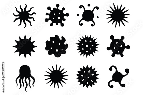 Diverse collection of vector illustrations representing microorganisms bacteria viruses and cells scalable eps graphics silhouette vector illustration white background