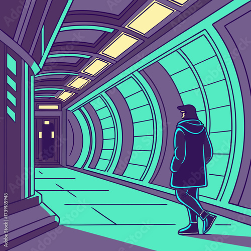 Person walking in a futuristic corridor with curved walls and bright lighting in a stylized illustration