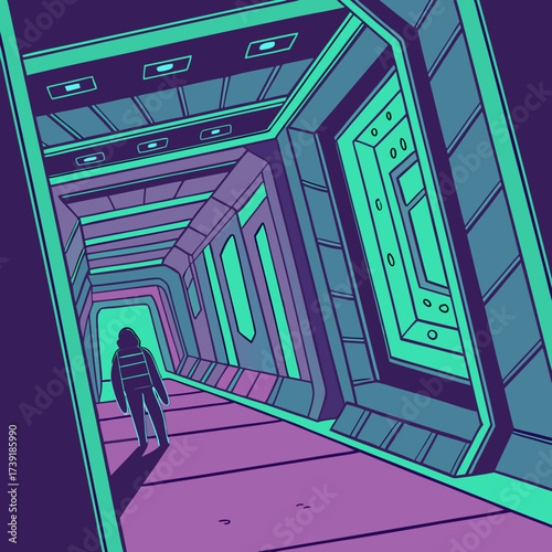 Astronaut silhouette walking down a futuristic corridor with geometric designs in shades of purple and teal