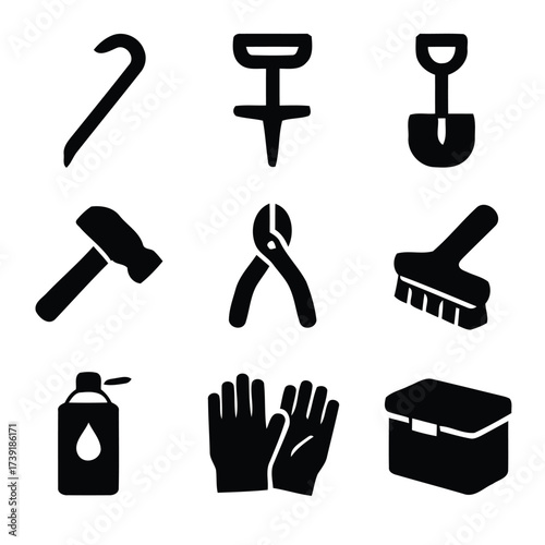 Collection of scalable vector icons representing various tools and supplies for diy and construction projects silhouette vector illustration white background