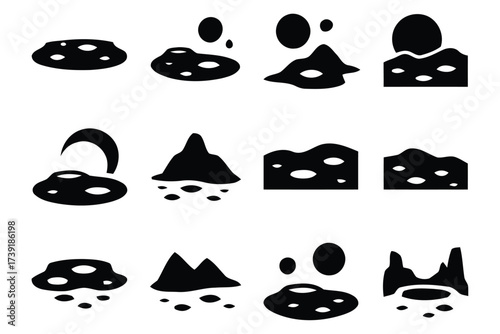 Set of diverse astronomical objects and planetary surfaces vector icons for space exploration and sci-fi designs silhouette vector illustration white background