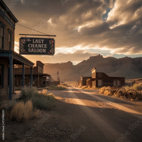 A scenic view of an old western town with the last chance saloon at sunset, capturing the essence of the wild west and its historical significance