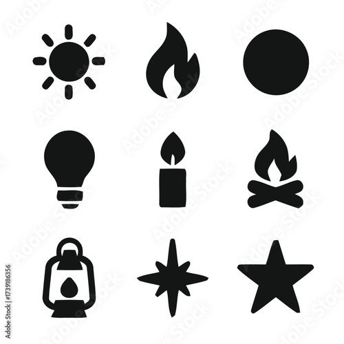 Set of scalable vector icons representing light sources and celestial bodies in eps format silhouette vector illustration white background