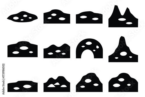 Set of stylized rock outcrops and mountain silhouettes for landscape design vector graphics eps icon silhouette vector illustration white background
