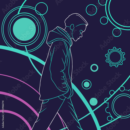 A contemplative figure in a hoodie walks amidst teal circles and arcs on a dark background art piece
