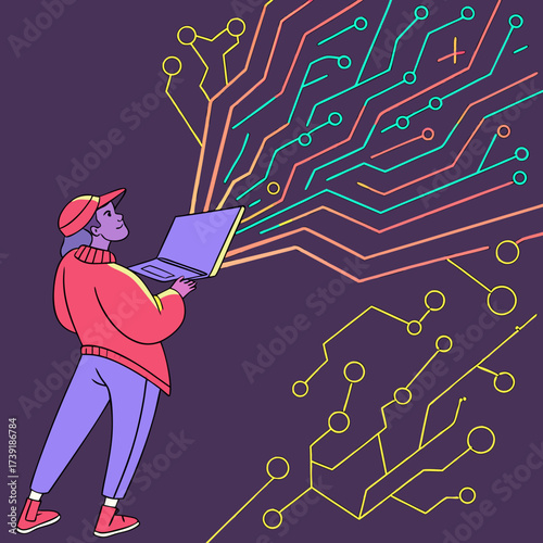 A person holding a laptop with colorful circuit board lines emanating from it on a purple background