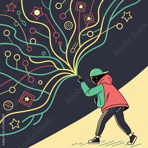 A person pointing at colorful abstract lines and shapes emanating from their finger on a dark background