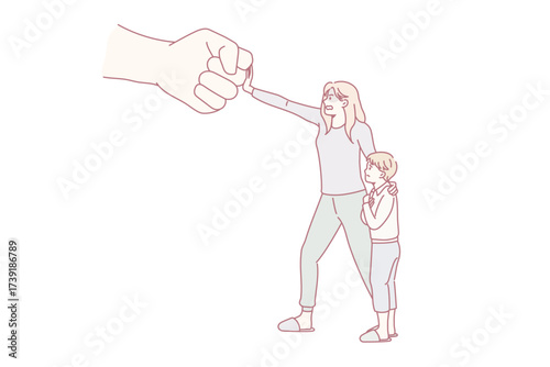 Stop harassment and bullying concept. Angry woman standing and defending herself and son from human hand fist fight bullying vector illustration