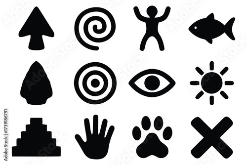 Collection of primitive ancient cave art symbols icons vector scalable eps illustration graphic elements silhouette vector illustration white background