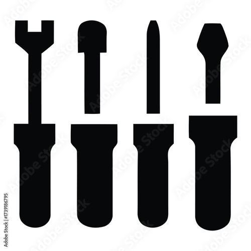 Scalable vector illustration set of four different screwdriver tools for repair and diy projects silhouette vector illustration white background