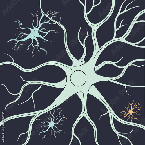 Illustration of nerve cells with branching dendrites and axons on a dark blue background design art