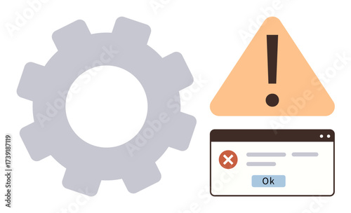 Gear symbol, warning triangle with exclamation mark, and browser error popup conveying technical problem, system error, or maintenance. Ideal for technology, troubleshooting, warnings, IT