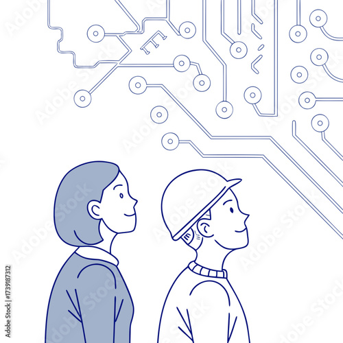 Two people looking up at a circuit board with a woman and a man in a hard hat in a blue illustration
