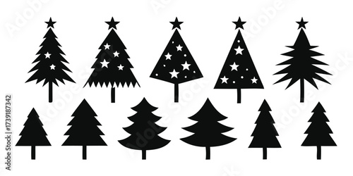 Collection of diverse scalable vector silhouette christmas tree illustrations for festive design projects silhouette vector illustration white background